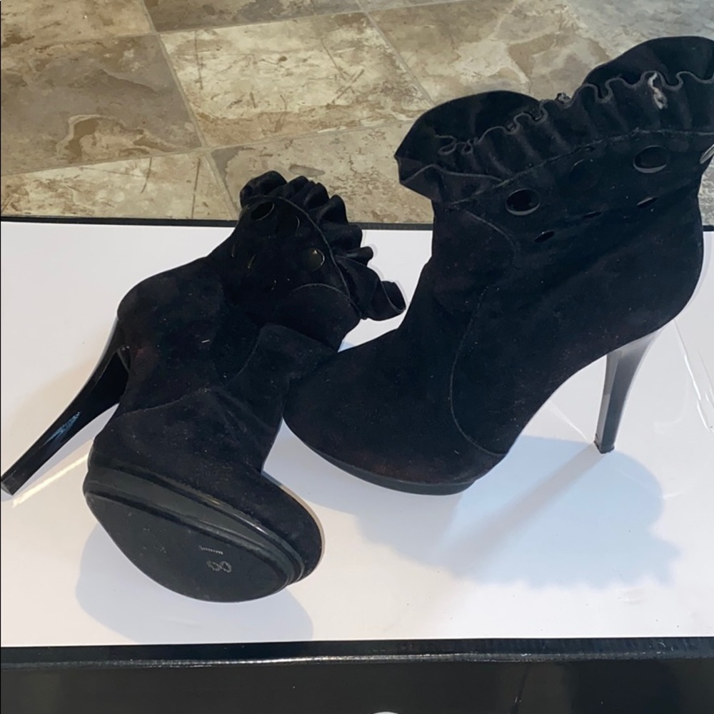 Black suede ruffle ankle boots
